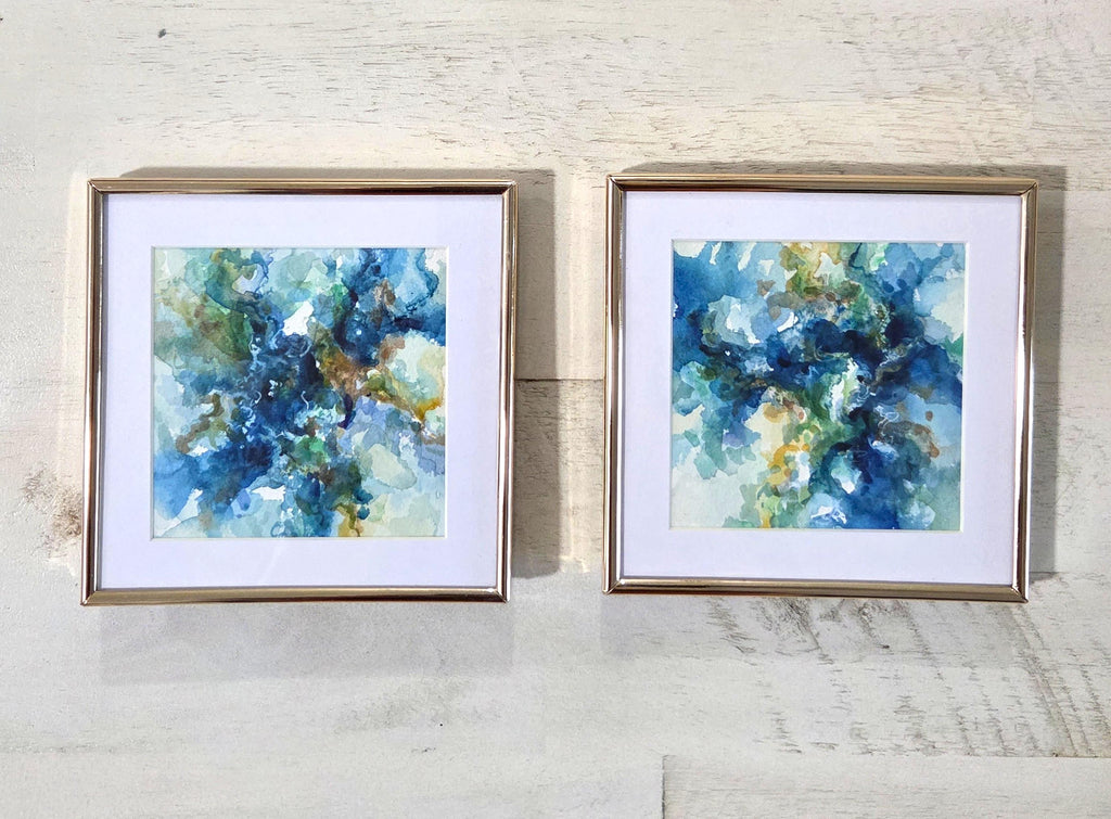 Reef Trench #2 - Watercolor Abstract in small Gold frame