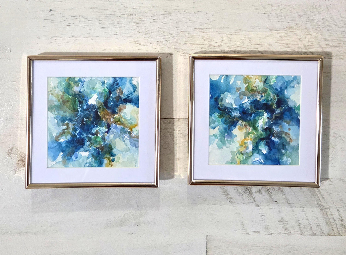 Reef Trench #2 - Watercolor Abstract in small Gold frame