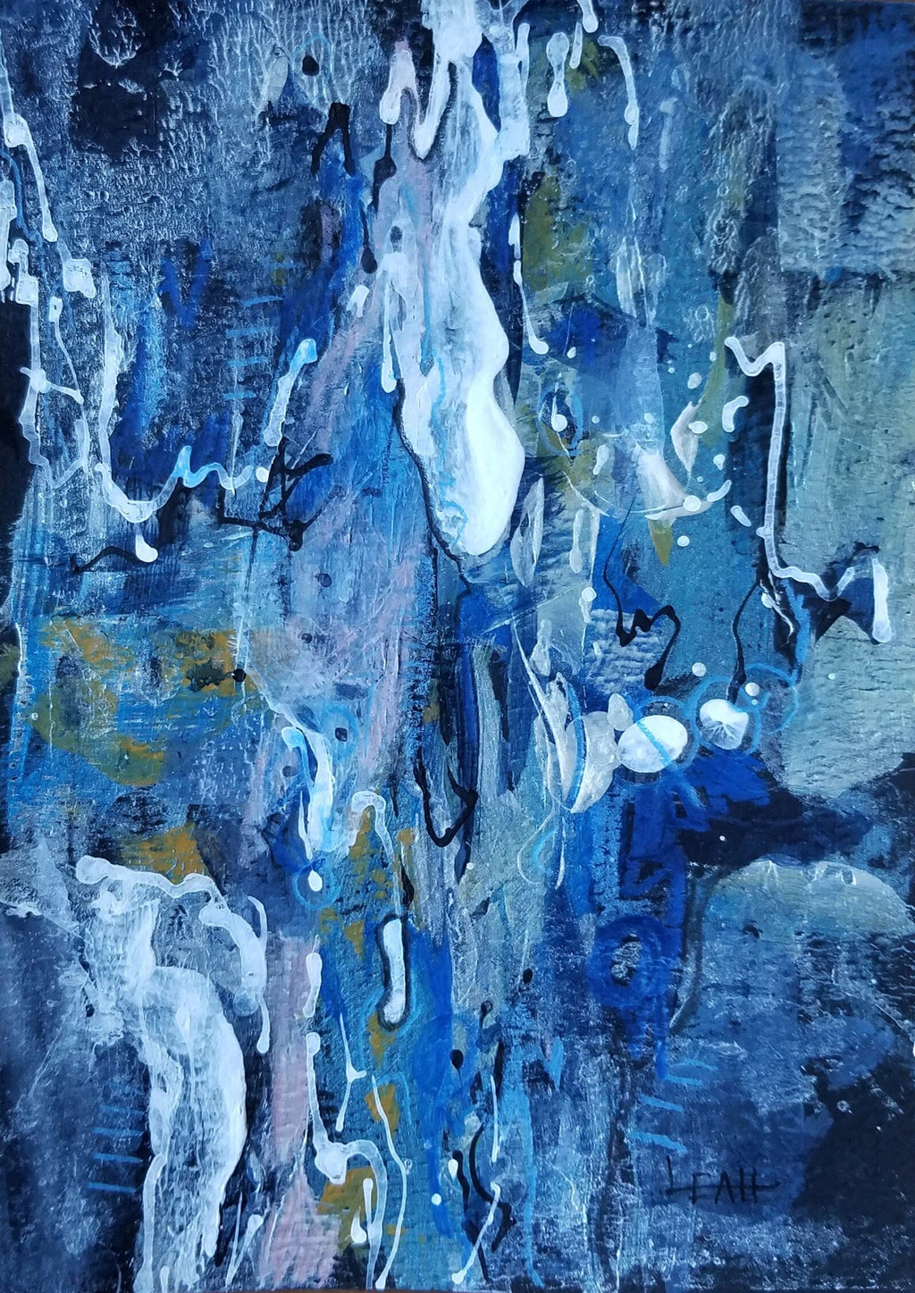 An abstract blue painting with textured brushstrokes and white drips.