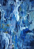 An abstract blue painting with textured brushstrokes and white drips.