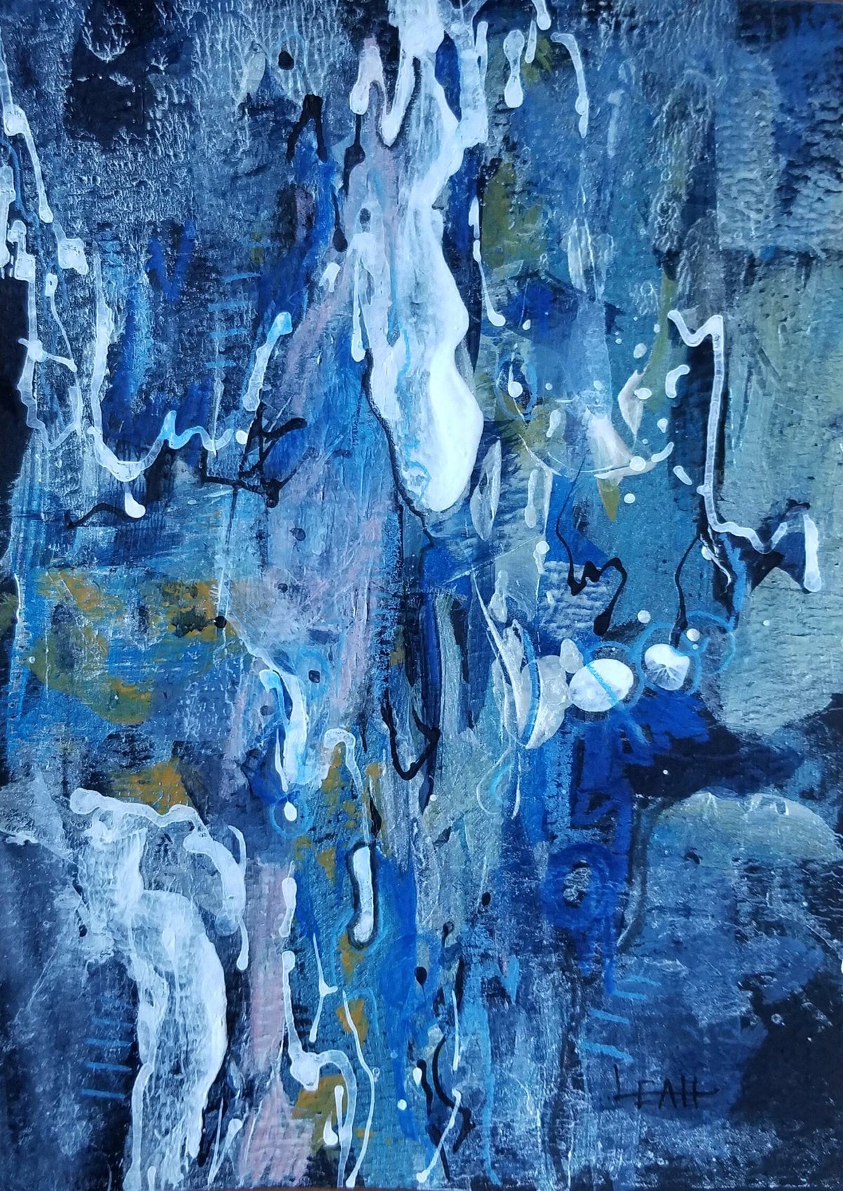 An abstract blue painting with textured brushstrokes and white drips.