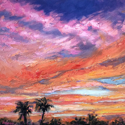 An impressionistic painting of a vibrant sunset with pink, purple, orange, and yellow clouds, silhouetted palm trees, and a dark horizon.