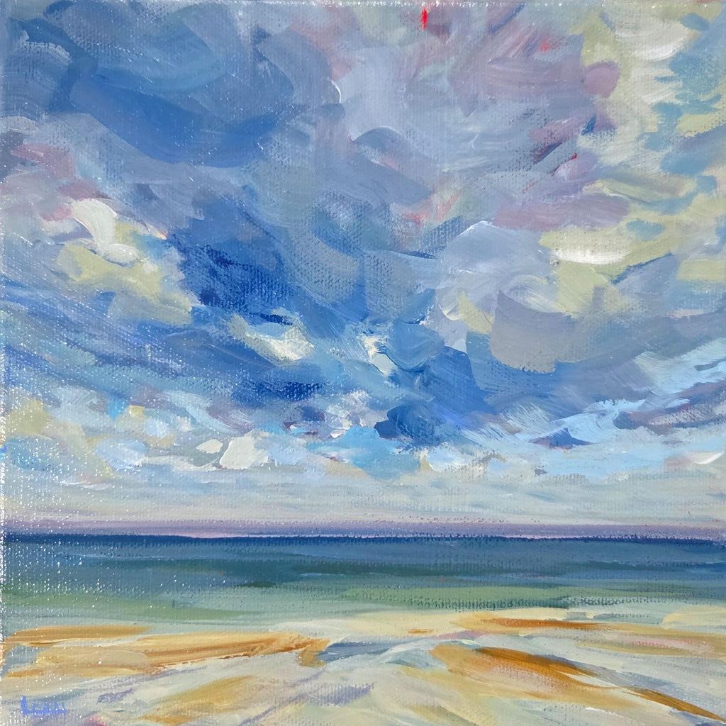 A square canvas painting of an ocean beach scene with a dramatic blue and lavender sky.
