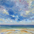 A square canvas painting of an ocean beach scene with a dramatic blue and lavender sky.