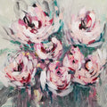 An abstract floral canvas painting featuring pink, white, and red blossoms with green and gray brushstrokes.