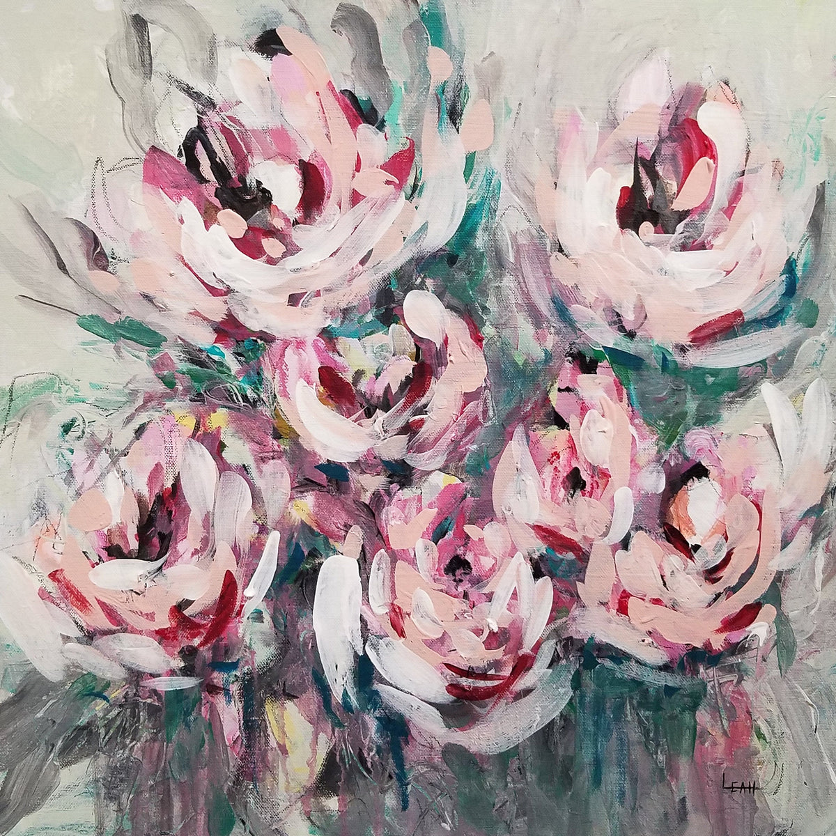 An abstract floral canvas painting featuring pink, white, and red blossoms with green and gray brushstrokes.