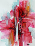 Abstract watercolor painting with expressive vertical and horizontal brushstrokes in vibrant pink, red, coral, and teal on a white background.