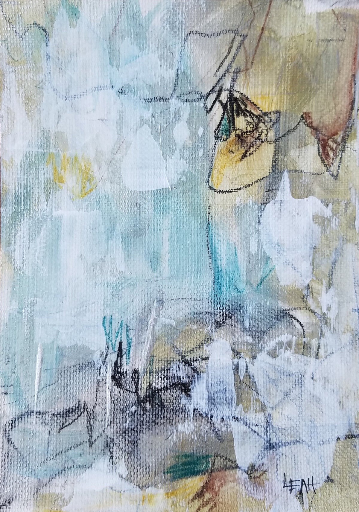 An abstract mixed-media painting on textured canvas, featuring a blend of white, light blue, yellow, gray, and black brushstrokes and scribbled lines.