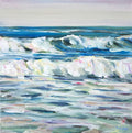 A square canvas painting of ocean waves, displayed on a light-colored wooden background. The painting features textured brushstrokes in shades of blue, white, and green, with a soft lavender-gray sky at the top.