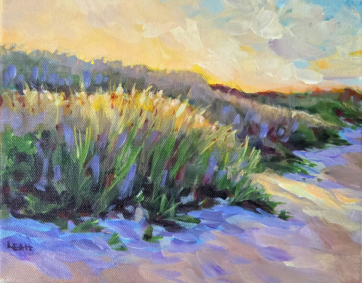 A square canvas painting of a beach dune landscape at sunset, featuring tall grasses in yellow, green, and purple tones beside a sandy path under a cloudy sky.