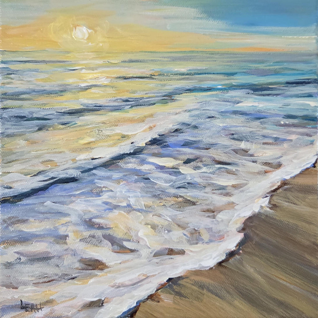 An impressionistic oil painting of a beach sunset, showing white and blue waves washing onto a sandy shore under a yellow and blue sky.