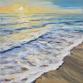An impressionistic oil painting of a beach sunset, showing white and blue waves washing onto a sandy shore under a yellow and blue sky.