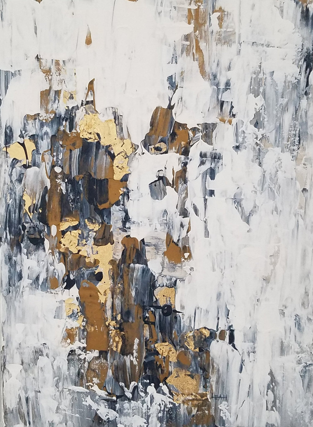 An abstract canvas painting featuring textured impasto brushstrokes in white, gray, black, and metallic gold.