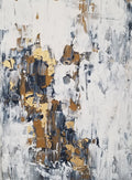 An abstract canvas painting featuring textured impasto brushstrokes in white, gray, black, and metallic gold.