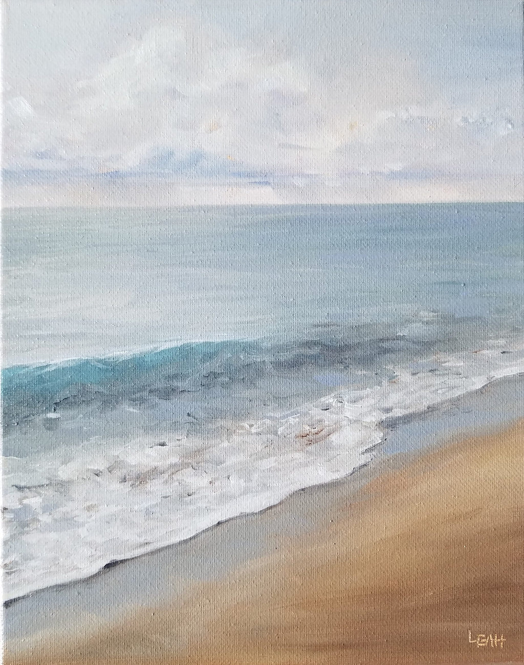 A canvas painting of a beach scene with blue-gray ocean waves, white foam, sandy beige shore, and a pale cloudy sky.