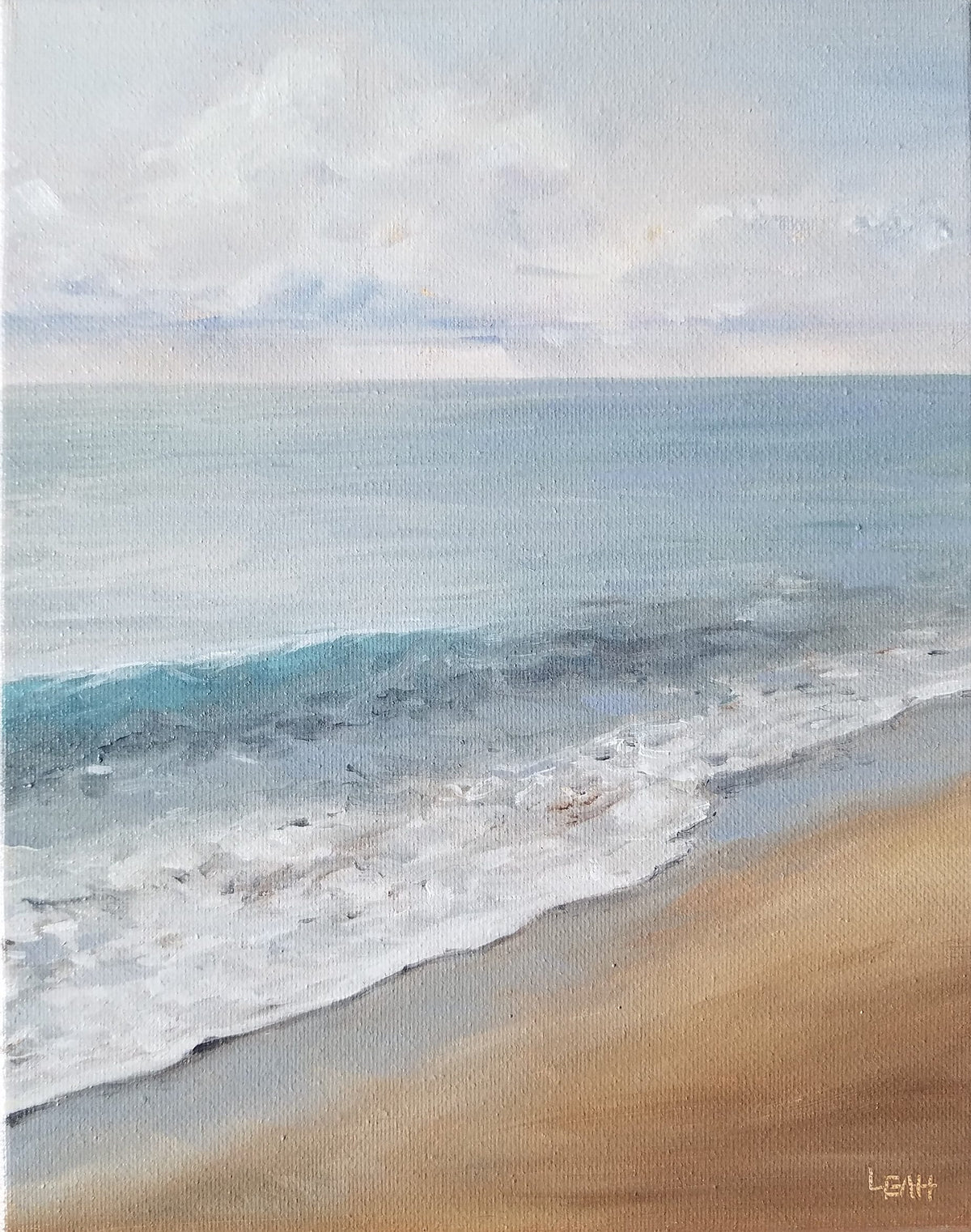 A canvas painting of a beach scene with blue-gray ocean waves, white foam, sandy beige shore, and a pale cloudy sky.