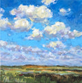 An impressionistic landscape painting featuring a bright blue sky filled with large, textured white and gray clouds, with a green and brown field in the foreground.