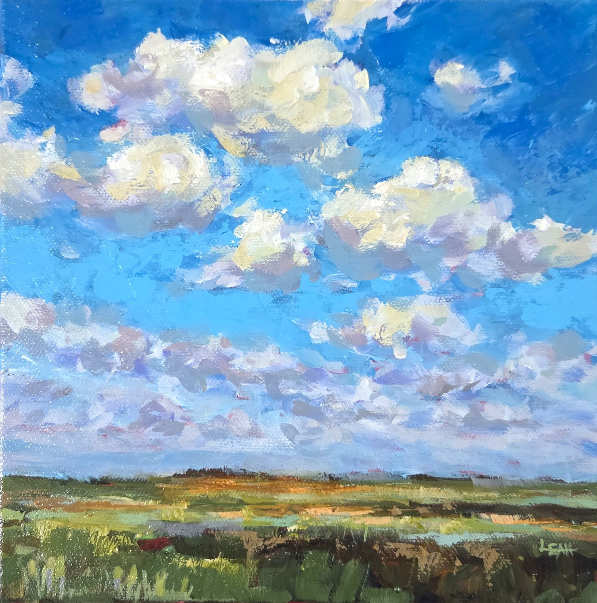 An impressionistic landscape painting featuring a bright blue sky filled with large, textured white and gray clouds, with a green and brown field in the foreground.