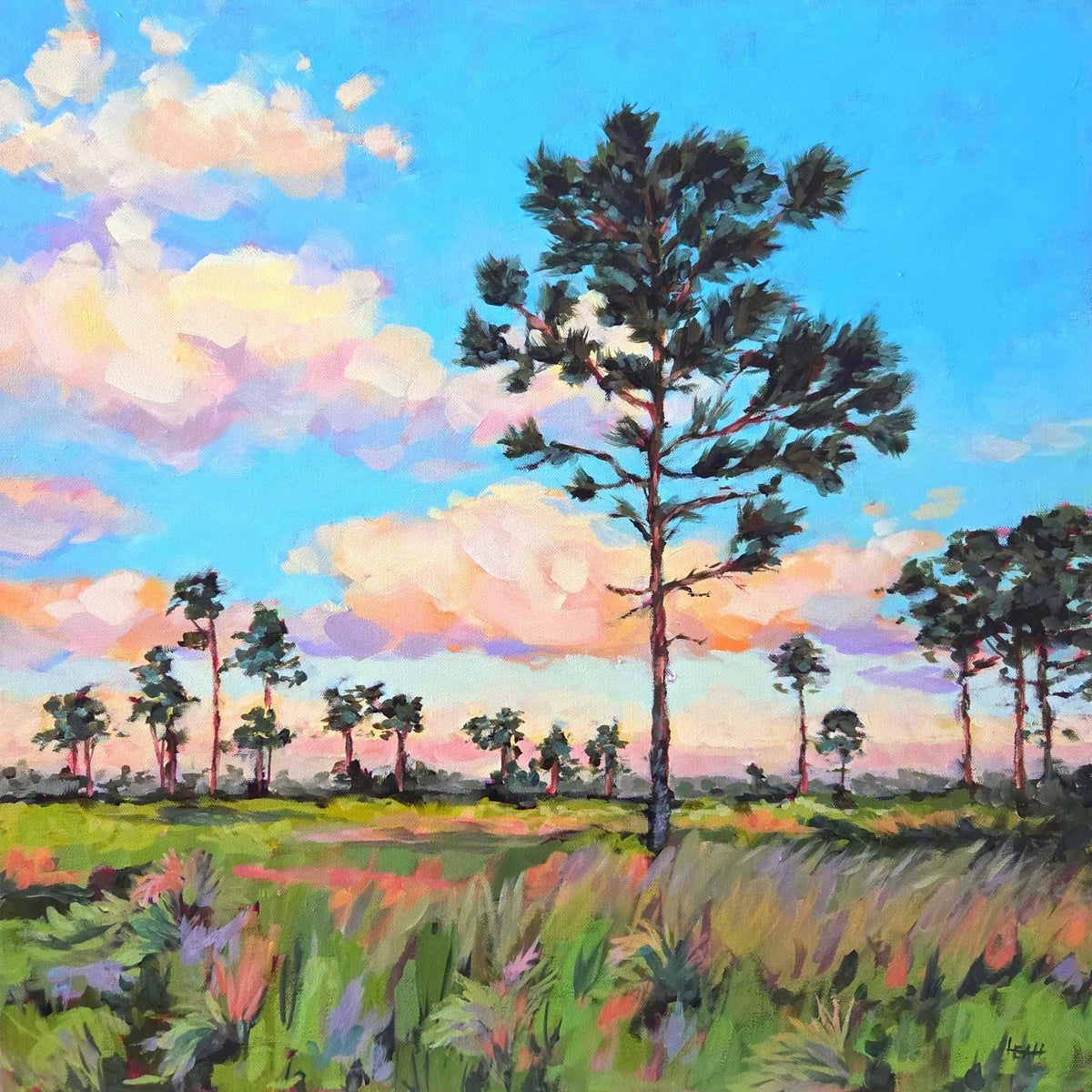 Acrylic painting of a pine forest landscape under a bright blue sky with pink and white clouds.