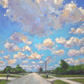 An oil painting of a rural road stretching into the distance under a bright blue sky filled with fluffy white and gray clouds, with green trees and grass along the sides of the road.