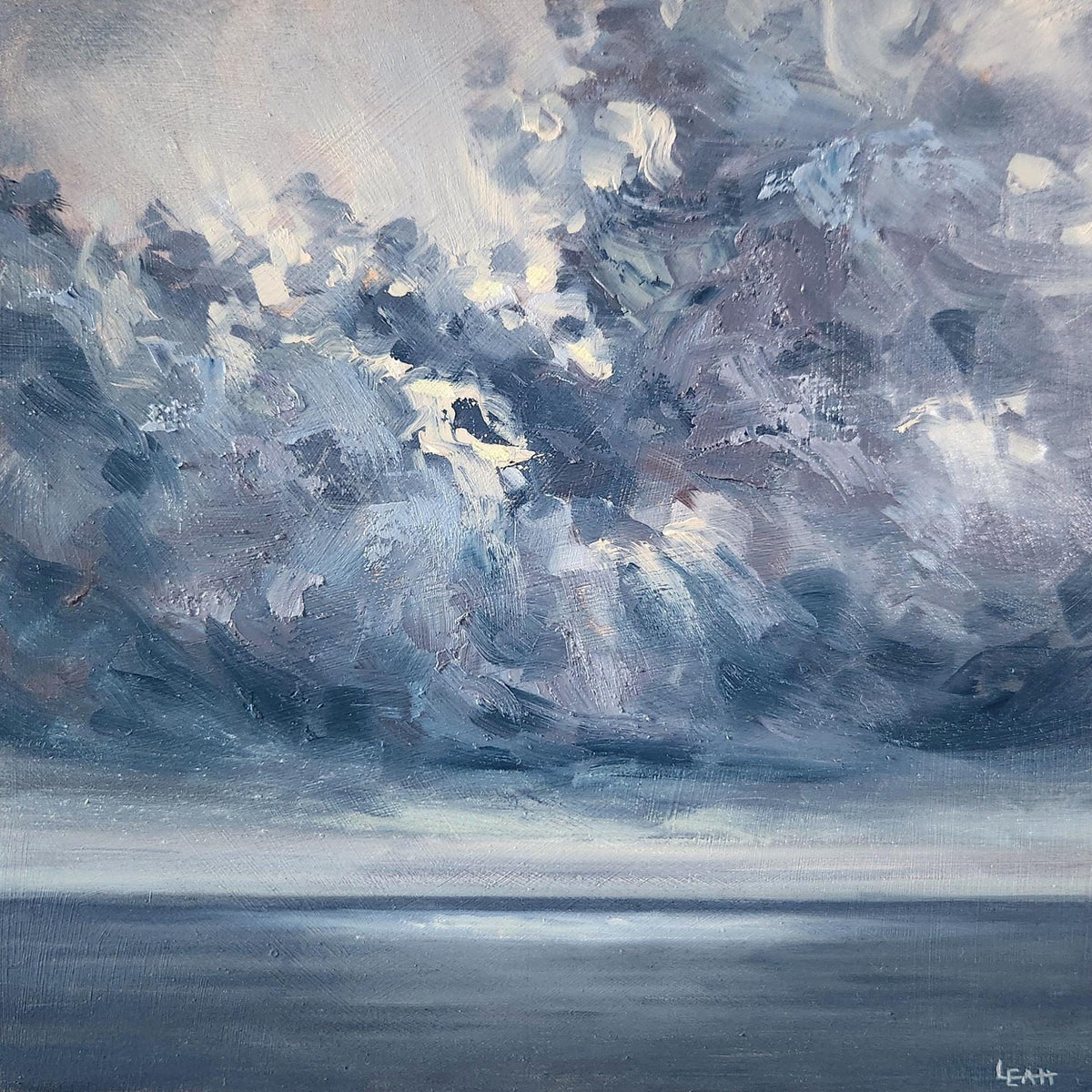An abstract landscape painting of a stormy sea under dramatic clouds.