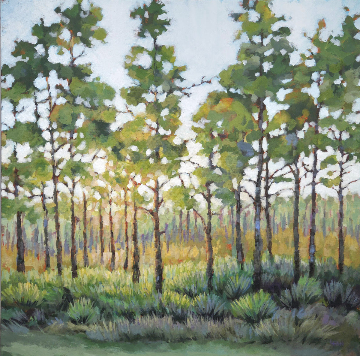 An impressionistic landscape painting of a forest with tall green trees, sunlit foliage, and textured brushstrokes in green, yellow, blue, and brown tones.
