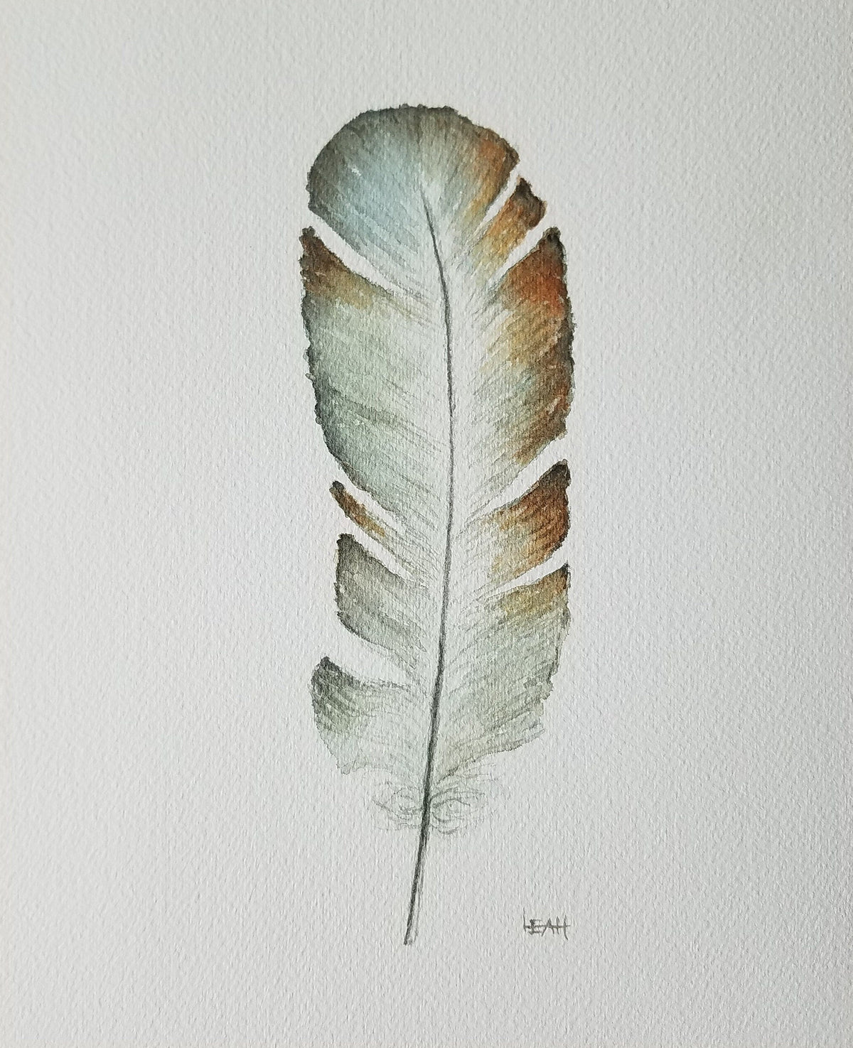 A watercolor painting of a single feather on textured white paper. The feather is rendered in muted tones of gray, brown, and beige.