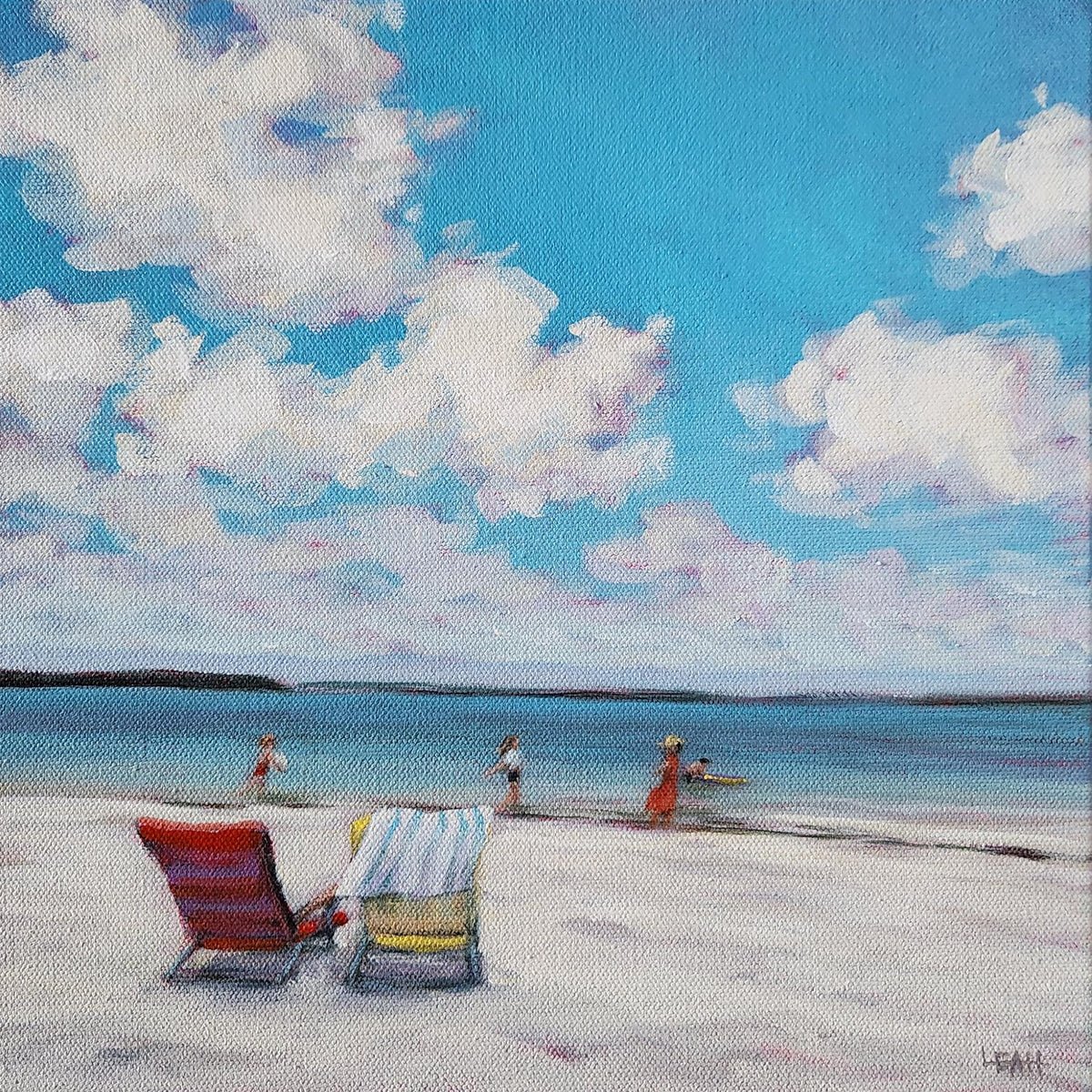 A square canvas painting of a beach scene with two lounge chairs on white sand, a blue ocean, and a bright sky filled with large white clouds. 