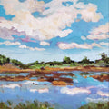A square canvas painting of a landscape with blue sky, white clouds, water, green trees, and brown shoreline.