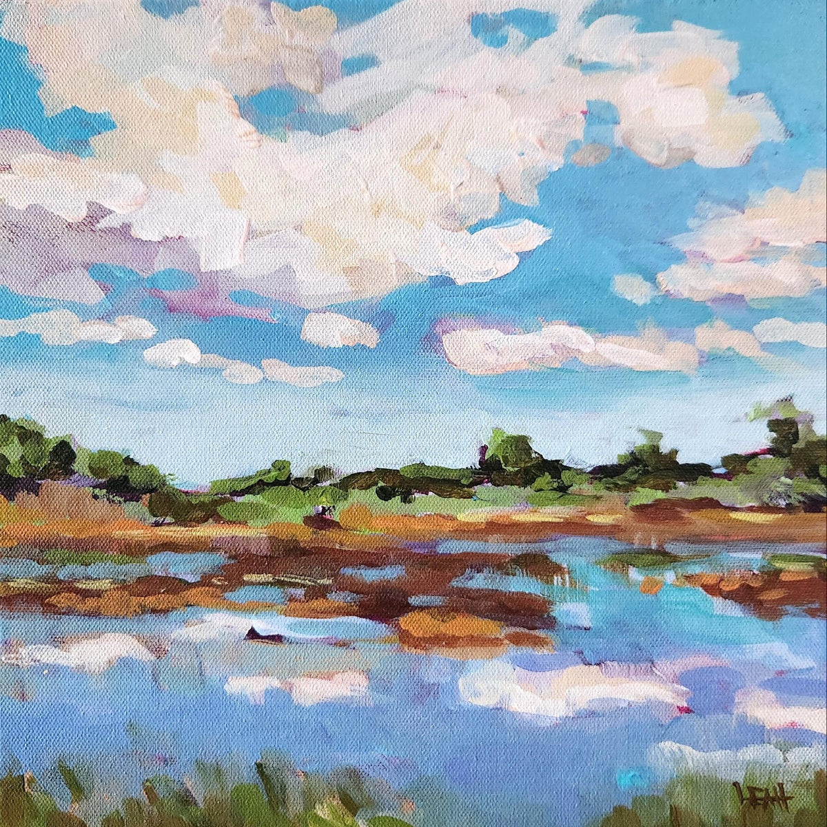 A square canvas painting of a landscape with blue sky, white clouds, water, green trees, and brown shoreline.