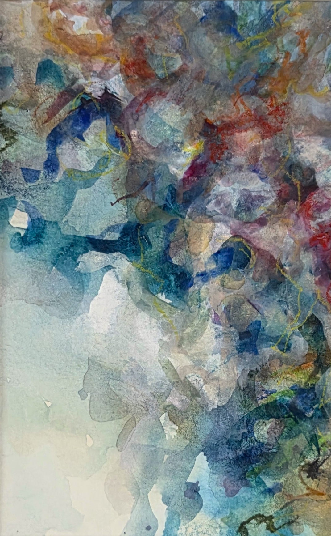 Abstract watercolor painting with blended washes of blue, teal, gray, white, purple, red, and brown, creating an organic marbled composition.