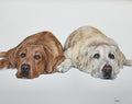 A painted portrait of two dogs lying side by side on a plain light background. The dog on the left is medium brown, and the dog on the right is light cream or golden-toned.