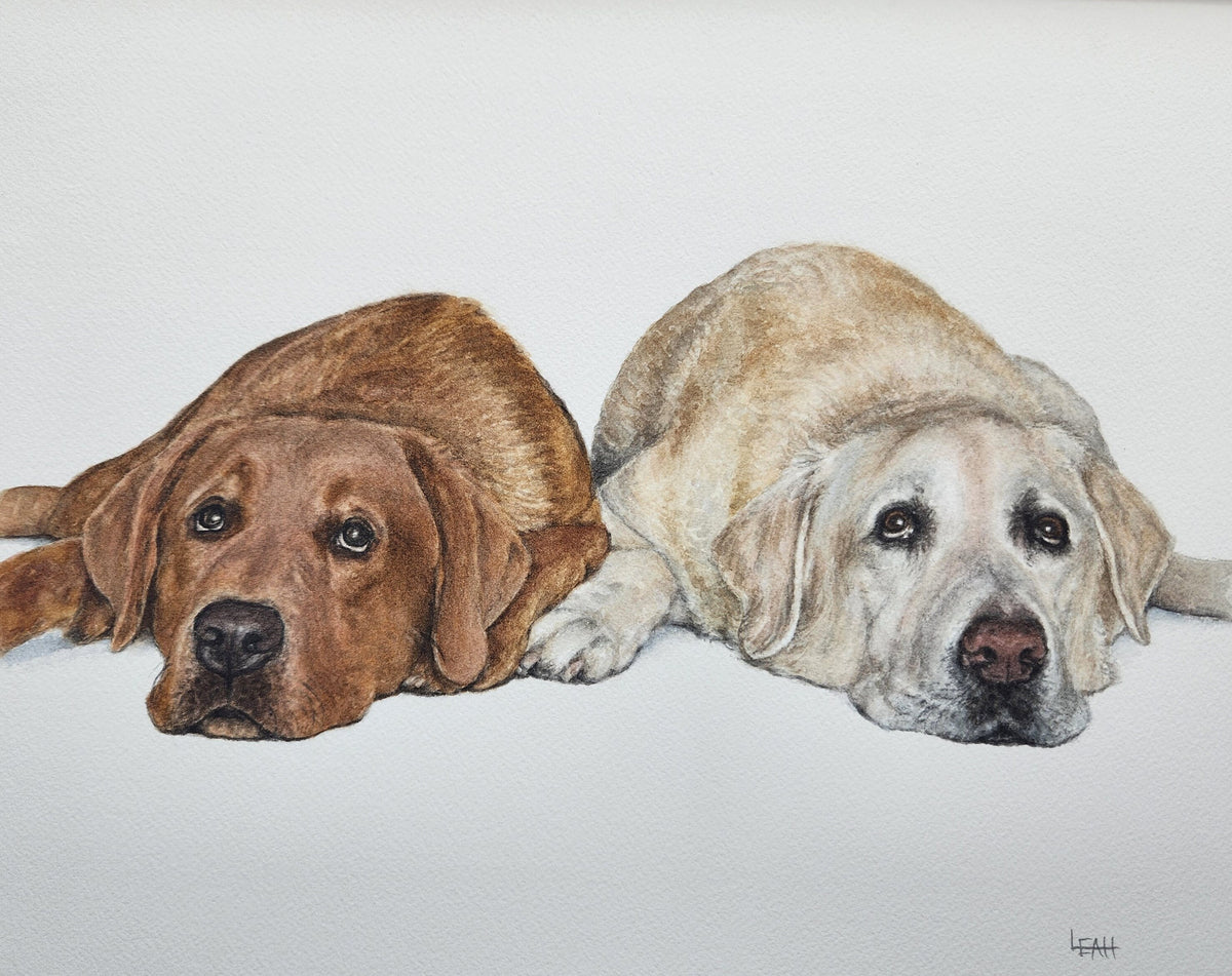 A painted portrait of two dogs lying side by side on a plain light background. The dog on the left is medium brown, and the dog on the right is light cream or golden-toned.